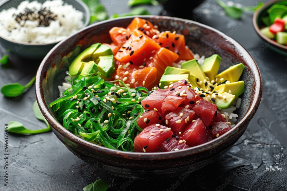 A bowl of food with a variety of ingredients including avocado, seaweed A bowl of food with a variety of ingredients including avocado, seaweed
