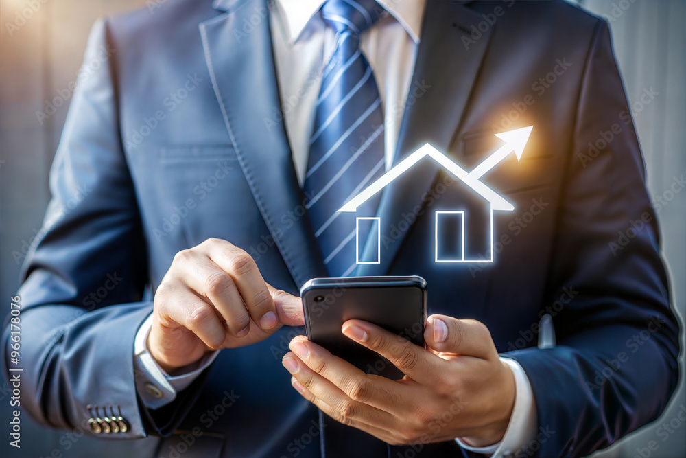 Businessman Using Smartphone with Virtual Home Icon and Down Arrow for Real Estate Trends Businessman Using Smartphone with Virtual Home Icon and Down Arrow for Real Estate Trends