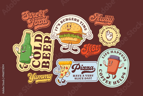 Groovy Burger Retro Character Stickers Set. Cartoon Hamburger, Pizza, Coffee, Beer Walking and Smiling. Vector Street Food Mascot Templates Patches Collection. Vintage Fast Food Illustrations Isolated