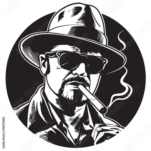 Black and white Mafia in a hat with a cigar stock image, logo, art and design