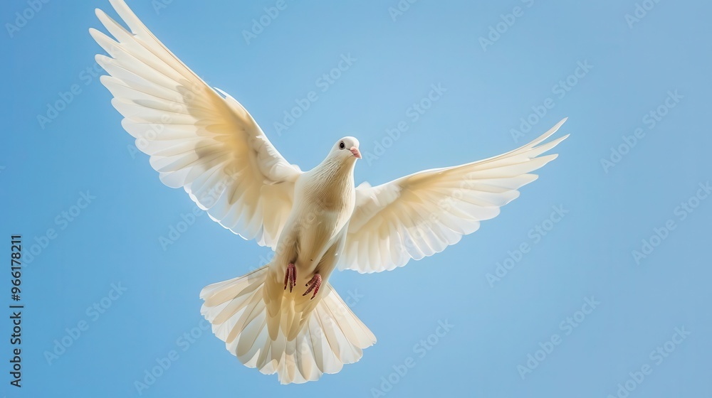 serene nature scene majestic white dove in midflight against a clear blue sky wings fully extended embodying peace and freedom with soft ethereal lighting enhancing its graceful form serene nature scene majestic white dove in midflight against a clear blue sky wings fully extended embodying peace and freedom with soft ethereal lighting enhancing its graceful form