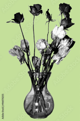 close up of dried roses in vase pixelate color halftone dotted texture style collage element isolated on green background