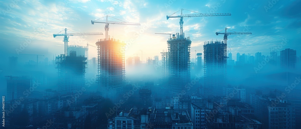 Obraz premium Blueprint of a construction site with cranes and a building in the background, double exposure, light blue color theme.