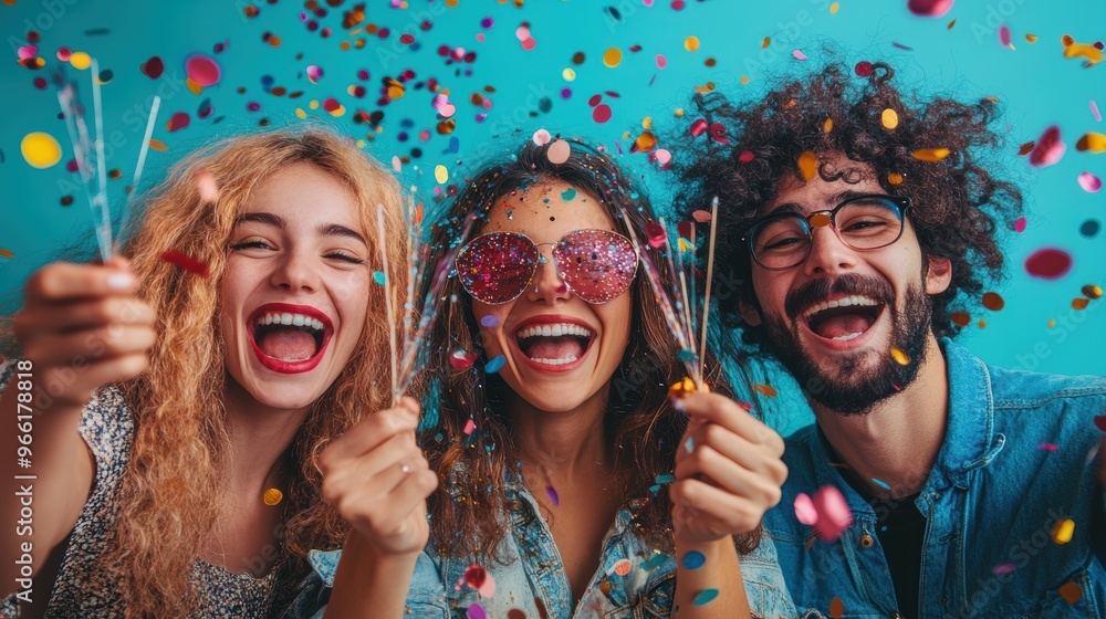 Joyful group making confetti poppers for New Year Eve celebrations, isolated on a vibrant, teal background Joyful group making confetti poppers for New Year Eve celebrations, isolated on a vibrant, teal background