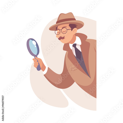 Inspecting Detective Man Character with Magnifier Investigating Case Vector Illustration