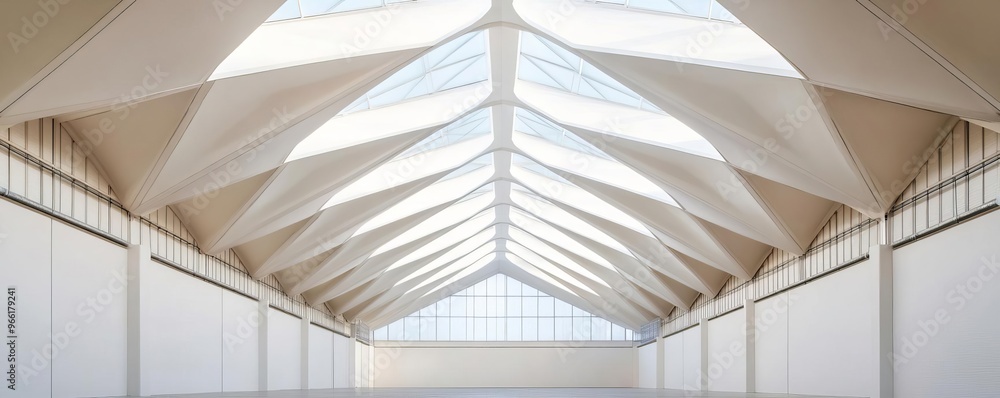 Obraz premium Warehouse roof with unique geometric skylights, merging modern architecture with industrial design