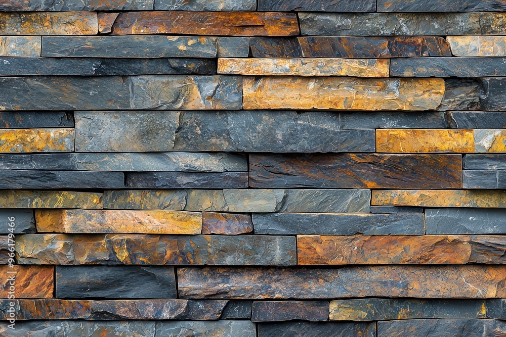 A textured stack stone cladding wall made of stacked slate stones in various shades of gray and orange, creating a natural and rustic appearance. A textured stack stone cladding wall made of stacked slate stones in various shades of gray and orange, creating a natural and rustic appearance.