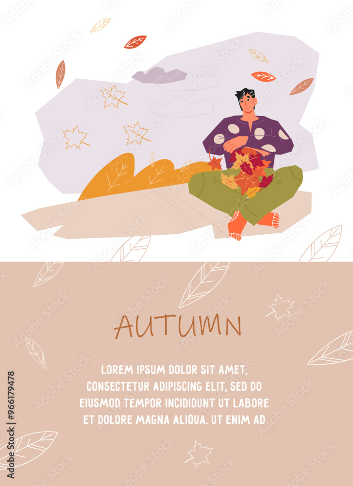 Autumn banner or card design with man collecting yellow leaves in forest and enjoying autumn weather, flat vector illustration. Seasonal banner or card template.