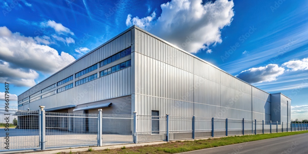 Modern aluminum factory building with steel fence on rooftop, set against blue sky background, seen from a low angle side view Modern aluminum factory building with steel fence on rooftop, set against blue sky background, seen from a low angle side view