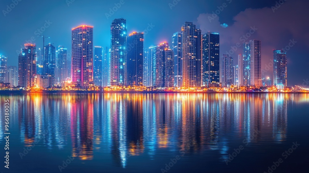 Obraz premium A dramatic cityscape with high-rise buildings lit up at night, their reflections shimmering on the calm river, creating a stunning and vibrant urban scene.