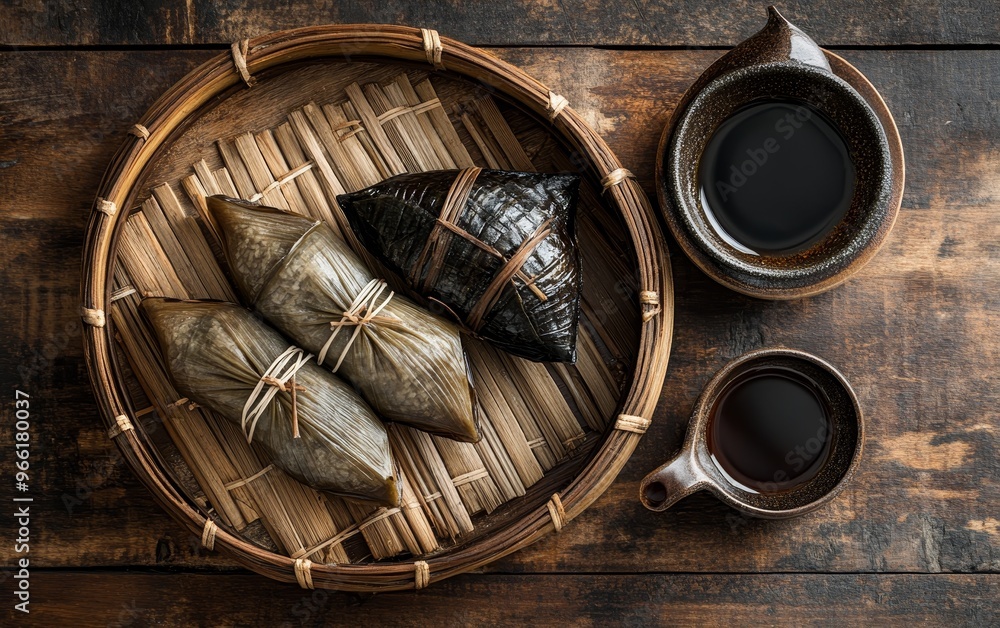 Fototapeta premium A traditional basket filled with wrapped rice dumplings and a small pot of dark liquid on a wooden surface.
