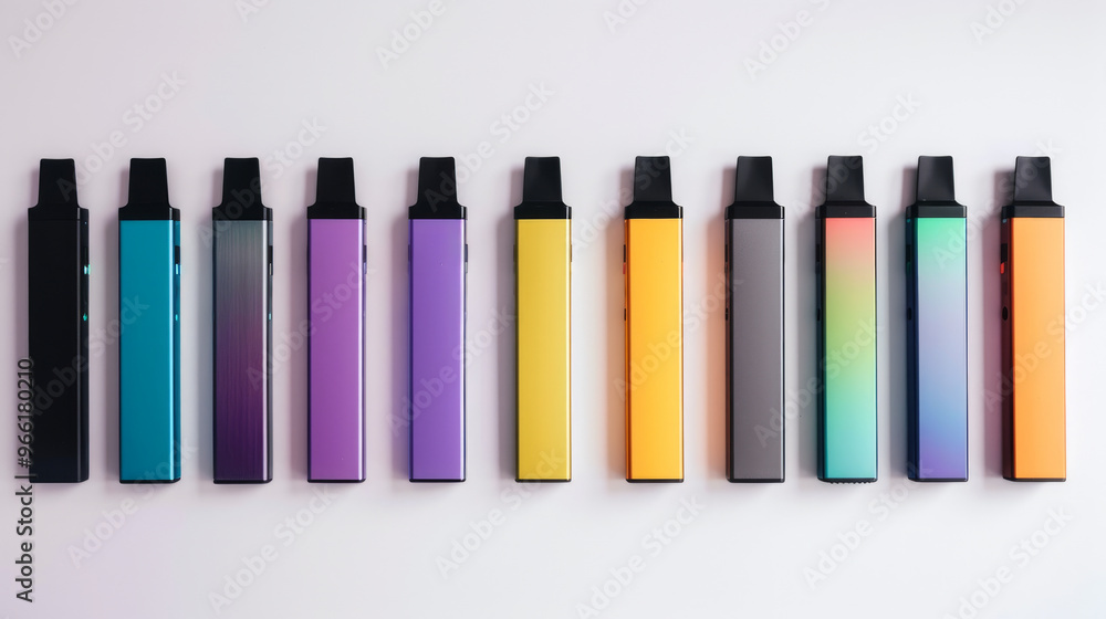 Collection of Colorful Vapes Aligned in a Row. Concept of Modern Vape Devices, E-cigarettes, Bright Design, Smoking Accessories. Stylish Gadgets Display Collection of Colorful Vapes Aligned in a Row. Concept of Modern Vape Devices, E-cigarettes, Bright Design, Smoking Accessories. Stylish Gadgets Display