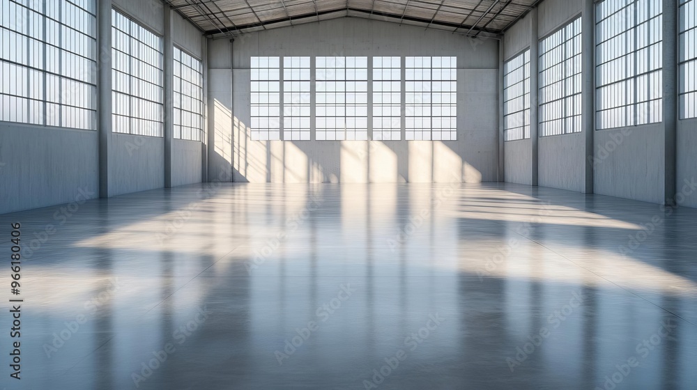 Warehouse with reflective flooring, capturing light and shadows dynamically Warehouse with reflective flooring, capturing light and shadows dynamically