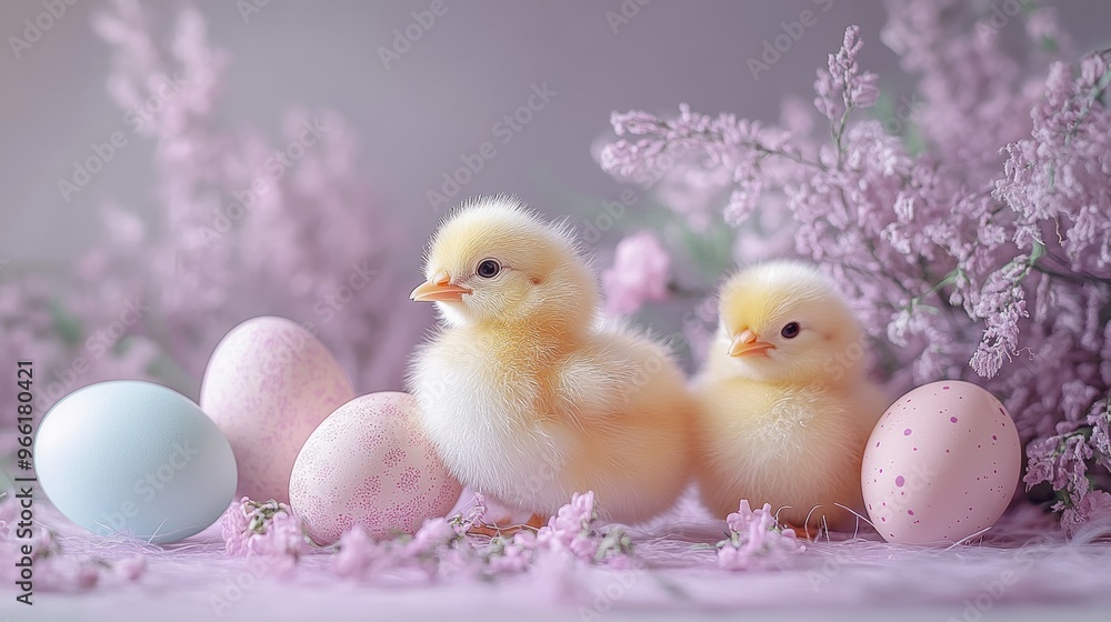 Whimsical Easter arrangements with pastel eggs and fluffy chicks on a soft, lilac-tinted background Whimsical Easter arrangements with pastel eggs and fluffy chicks on a soft, lilac-tinted background