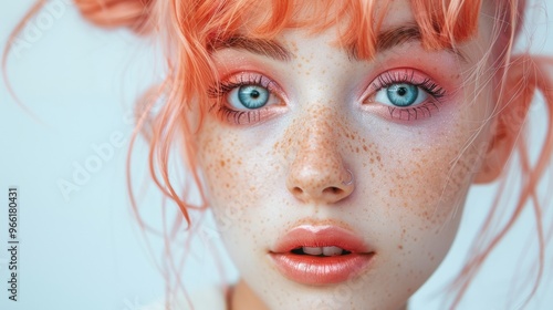 portrait of a white woman with freckles and light eyes and pink hair on a white background