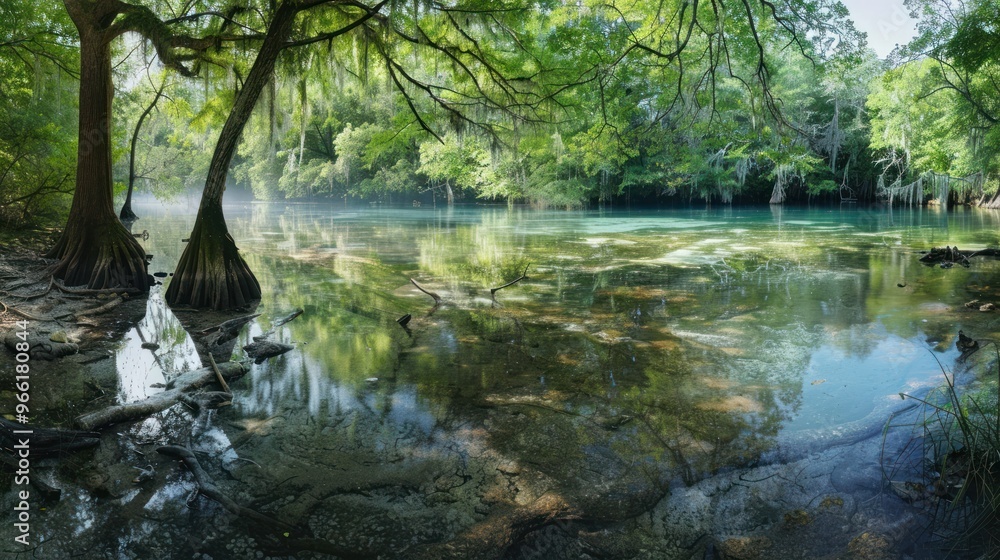Tranquil Cypress Trees Reflecting in Crystal Clear Spring Water Tranquil Cypress Trees Reflecting in Crystal Clear Spring Water