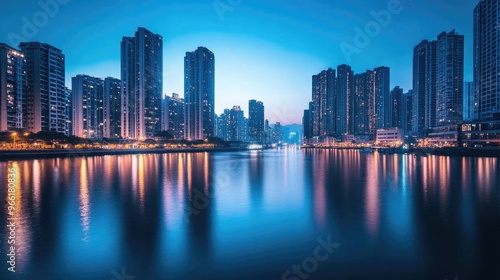 A dramatic twilight shot of high-rise buildings along the river, with the sky transitioning to deep blue and city lights beginning to twinkle, reflected in the water.