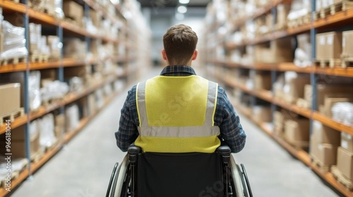 Warehouse worker in a wheelchair accessing high shelves, inclusive work environments in logistics