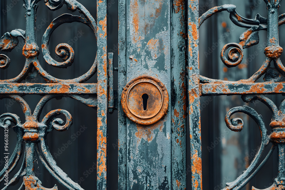 an ornate iron gate with rusted details, with the intricate patterns and aged patina emphasized an ornate iron gate with rusted details, with the intricate patterns and aged patina emphasized