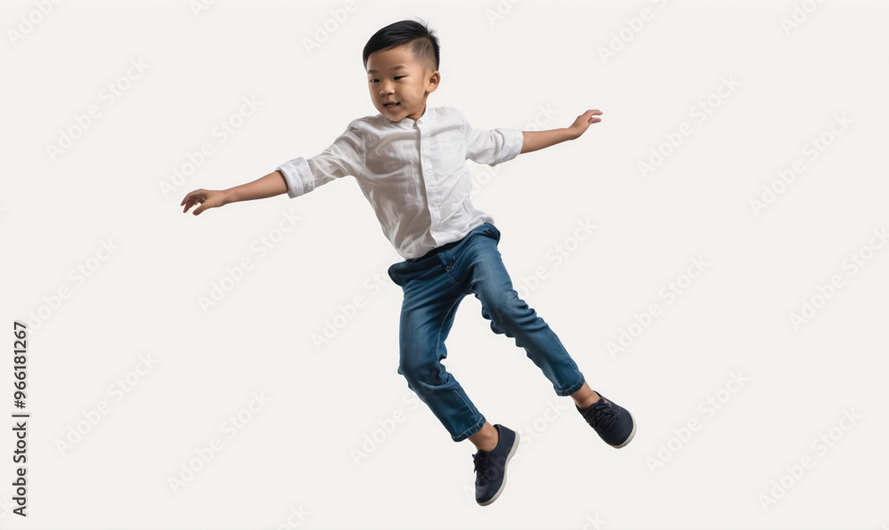 A young boy in a white shirt and blue jeans jumps in front of a white background A young boy in a white shirt and blue jeans jumps in front of a white background