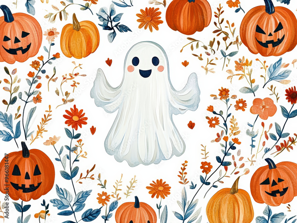 Halloween Celebration. Festive and vibrant digital illustration featuring a cheerful cartoon ghost waving at the viewer. Halloween Celebration. Festive and vibrant digital illustration featuring a cheerful cartoon ghost waving at the viewer.
