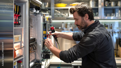 Technician Working on Refrigerator in Modern Kitchen. Concept of Home Appliance Repair, Electrical Maintenance, Professional Technician, domestic home setting, professional services