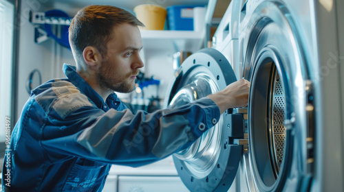 Technician in Uniform Repairing, Adjusting Washing Machine in Laundry Room. Concept of Home Appliance Maintenance, Professional Repair Service, Domestic Work, Technological Expertise photo