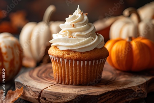 A cupcake with whipped cream on top sits on a wooden table next to a pile of pum