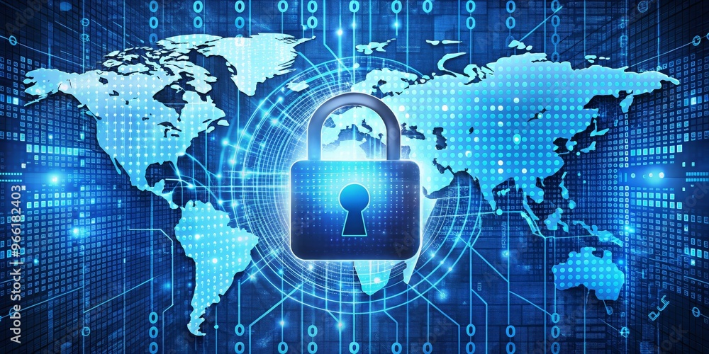 Obraz premium Global Cybersecurity A Digital World Secured by a Padlock, World map, Network Security, Digital Security