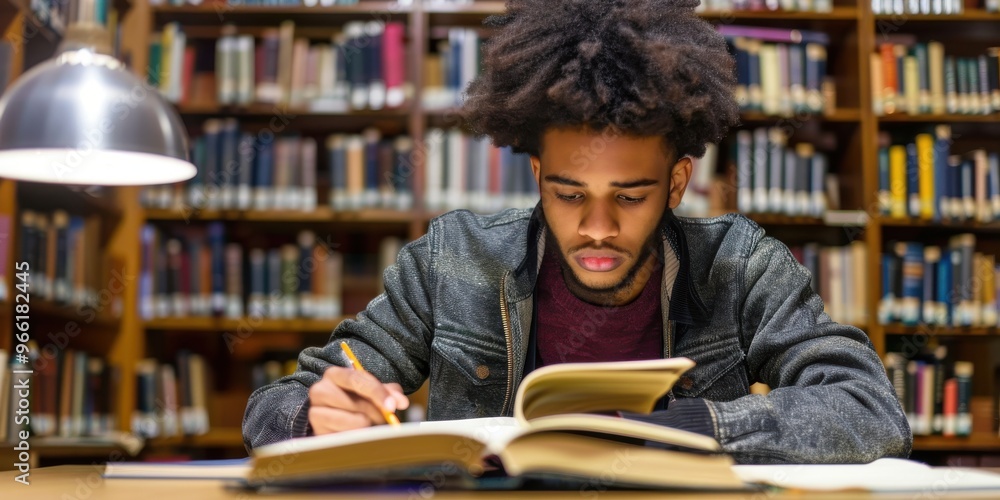 Concentrated black college student learning from a book in a library Concentrated black college student learning from a book in a library