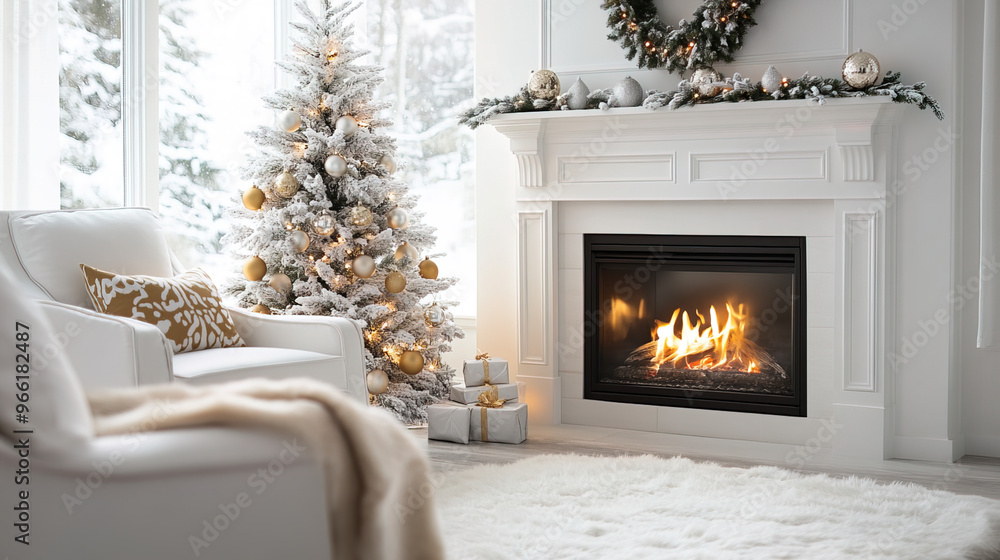 Beautifully Decorated Christmas Tree with Red and Gold Ornaments, Cozy Fireplace in Background, and Christmas Stockings Hanging – A Warm Holiday Ambiance Beautifully Decorated Christmas Tree with Red and Gold Ornaments, Cozy Fireplace in Background, and Christmas Stockings Hanging – A Warm Holiday Ambiance