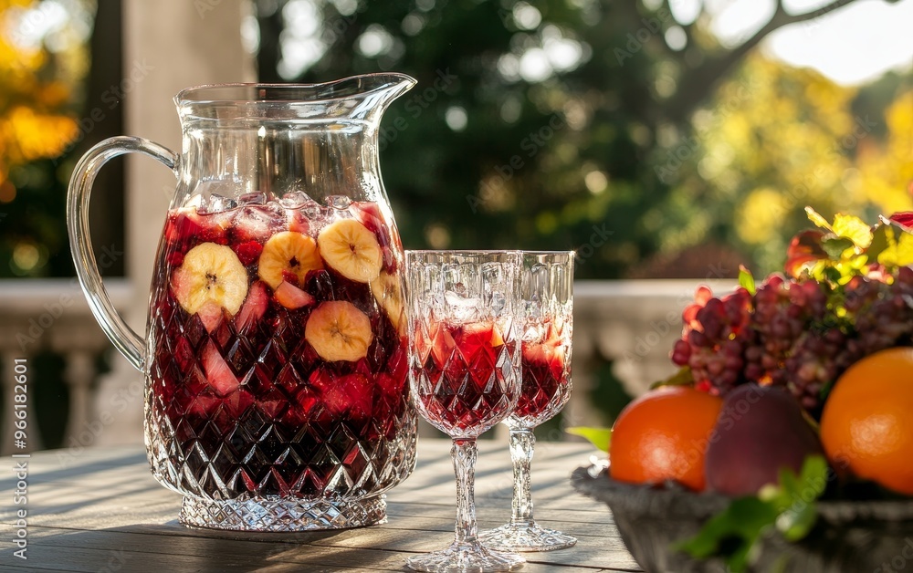 A refreshing pitcher of fruit-infused drink with glasses, showcasing a vibrant outdoor setting. A refreshing pitcher of fruit-infused drink with glasses, showcasing a vibrant outdoor setting.