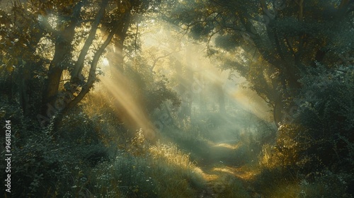 A woodland path covered in dense fog, with sunbeams breaking through the mist and creating a magical atmosphere