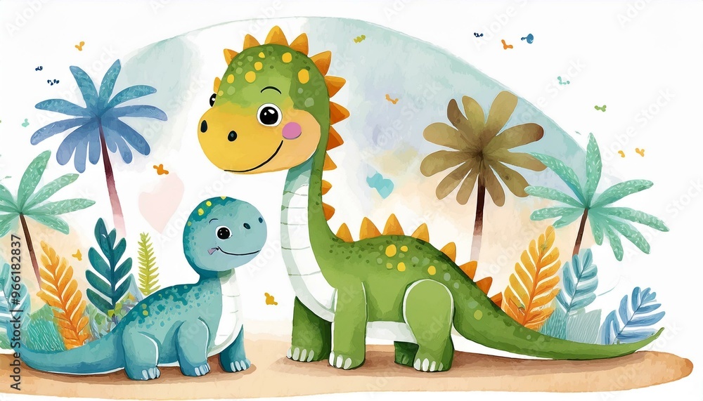 Naklejka premium Baby Dinosaurs watercolor illustration with cute animals for nursery and baby shower