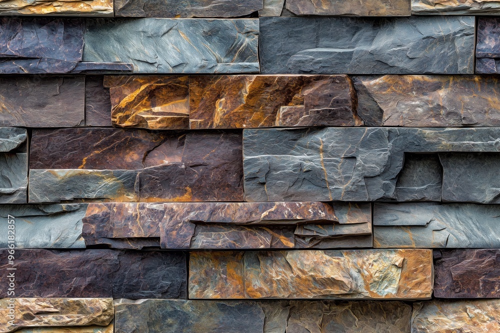 Textured stack stone cladding wall made of various slate pieces in shades of blue, gray, and brown, showcasing natural patterns and colors. Textured stack stone cladding wall made of various slate pieces in shades of blue, gray, and brown, showcasing natural patterns and colors.