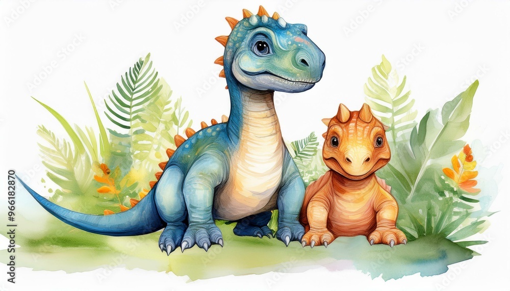 Obraz premium Baby Dinosaurs watercolor illustration with cute animals for nursery and baby shower