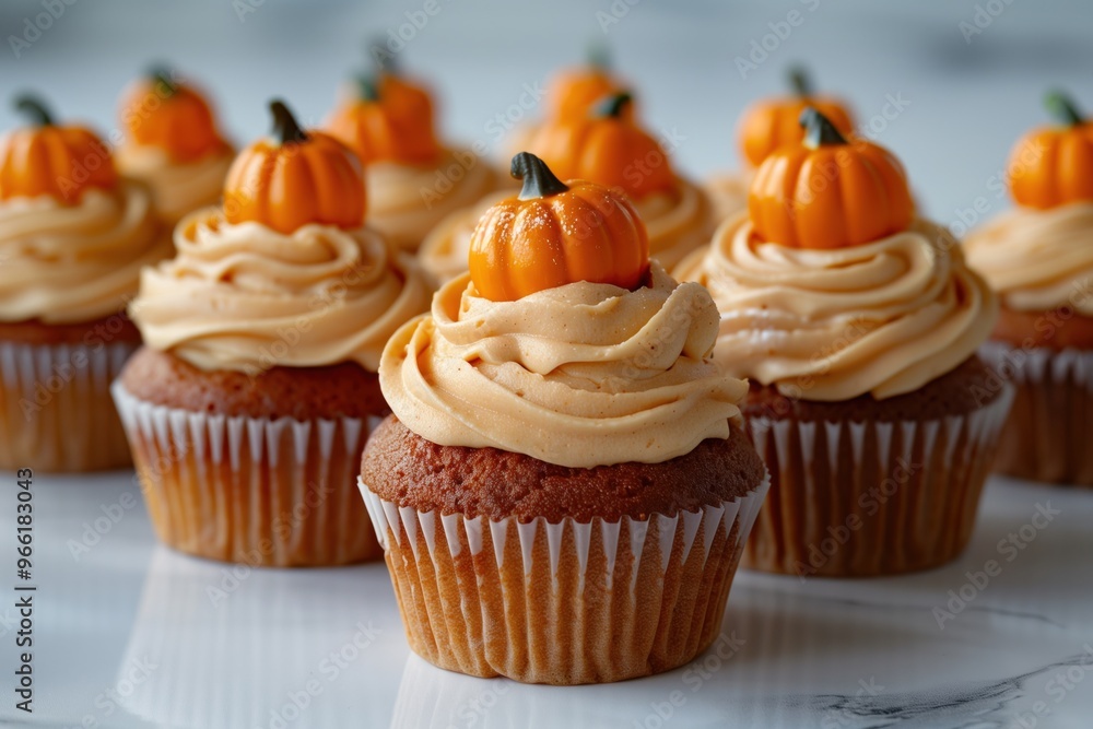 A row of pumpkin cupcakes with orange frosting and pumpkin decorations A row of pumpkin cupcakes with orange frosting and pumpkin decorations