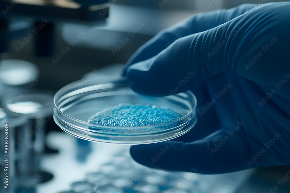 a scientist’s hand holding a Petri dish with bacterial cultures, with the focus on the growth patterns and the sterile tools a scientist’s hand holding a Petri dish with bacterial cultures, with the focus on the growth patterns and the sterile tools