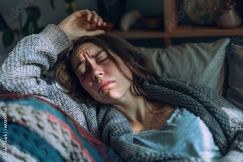 Woman with high fever at home