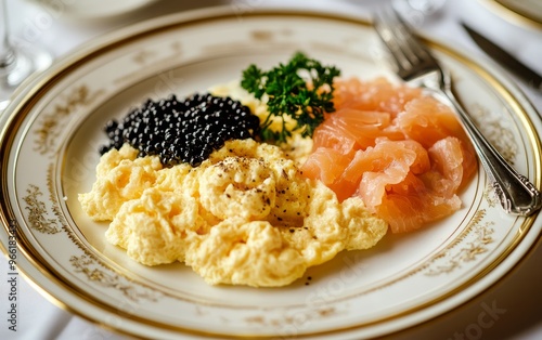 A luxurious breakfast plate featuring scrambled eggs, caviar, and smoked salmon, elegantly presented for a luxurious dining experience. photo