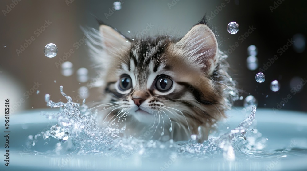 A fluffy kitten playfully splashing in a small tub of water, with bubbles floating around and its little face peeking out, looking adorable and curious A fluffy kitten playfully splashing in a small tub of water, with bubbles floating around and its little face peeking out, looking adorable and curious