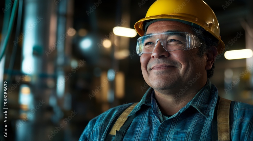 Smiling Hispanic Worker in Safety Gear: Professional Portrait in Industrial Setting. Factory Employee with Hardhat and Protective Eyewear Showcasing Workplace Safety and Labor Day Themes. Smiling Hispanic Worker in Safety Gear: Professional Portrait in Industrial Setting. Factory Employee with Hardhat and Protective Eyewear Showcasing Workplace Safety and Labor Day Themes.