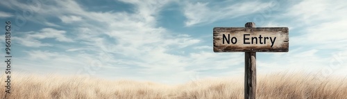 A rustic 'No Entry' sign in a vast field under a cloudy sky, conveying a sense of solitude and restriction in nature.