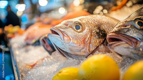 A close-up of freshly caught fish on ice at a fish market in Comacchio, Italy. The fish are displayed with lemons, symbolizing freshness, vitality, and the Mediterranean diet. The image captures the b photo