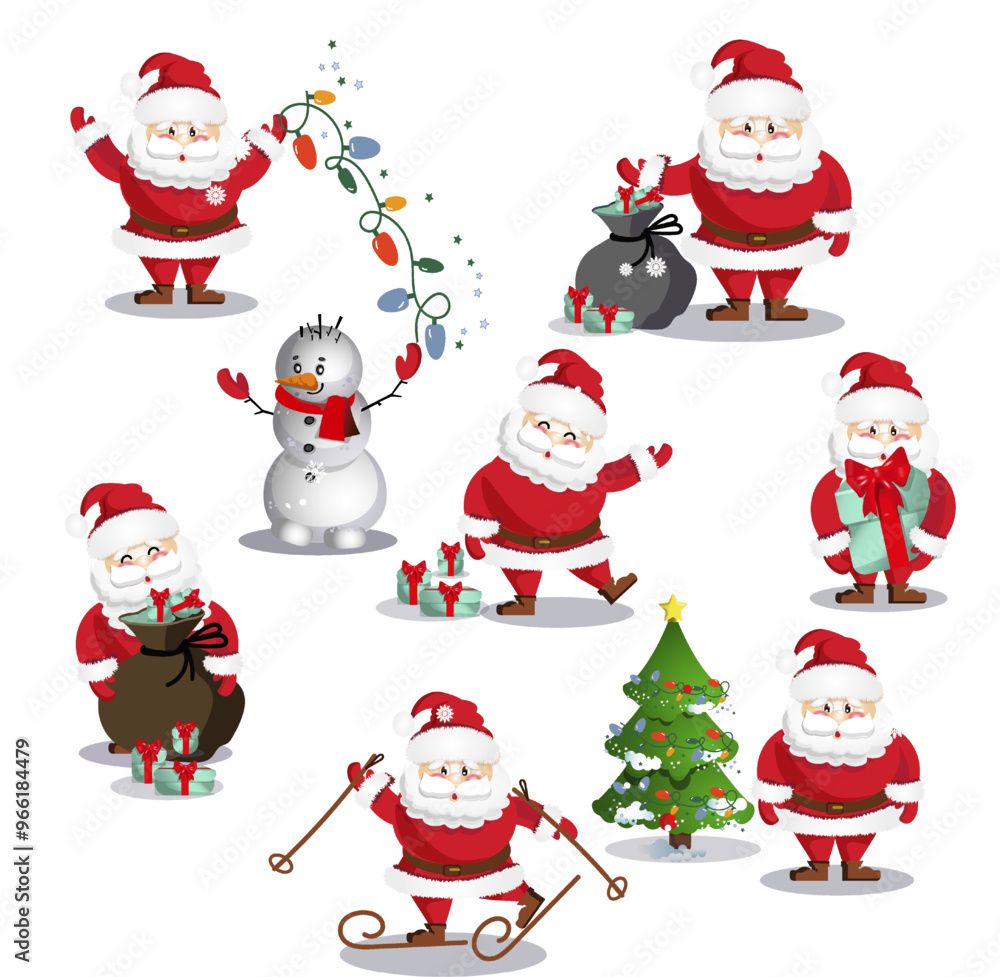 happy new year set santa traditions claus, winter merry christmas, xmas holiday festive celebration, gift, bag, garland happy new year set santa traditions claus, winter merry christmas, xmas holiday festive celebration, gift, bag, garland