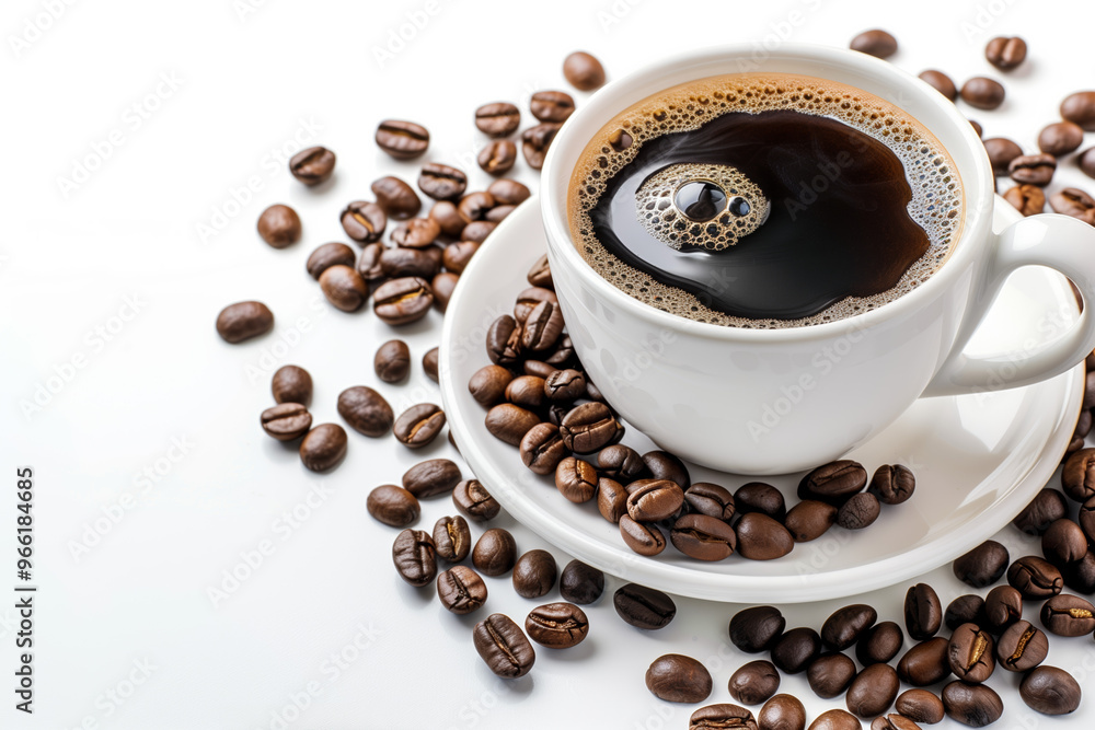 A cup of black coffee with beans on the side on a white background. A cup of black coffee with beans on the side on a white background.