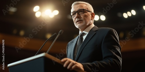 A man in a suit stands at a podium with a microphone. He is wearing glasses and a tie photo