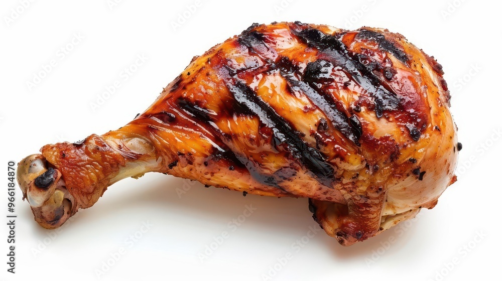succulent grilled chicken leg isolated on pure white background goldenbrown skin glistens with perfect char marks emphasizing texture and appetizing appearance succulent grilled chicken leg isolated on pure white background goldenbrown skin glistens with perfect char marks emphasizing texture and appetizing appearance