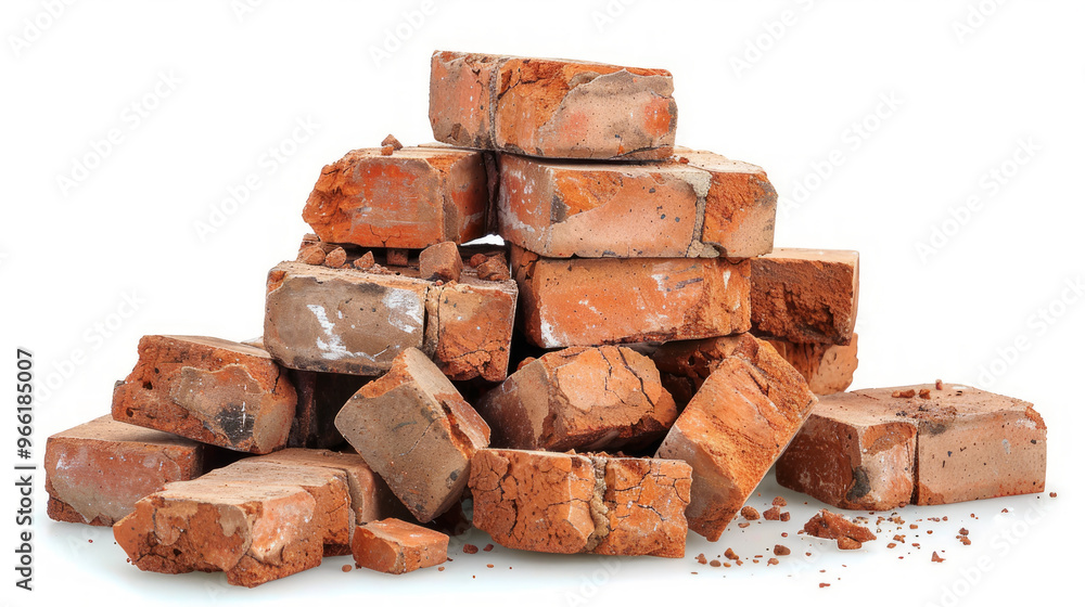 Pile of new bricks isolated on white background. Concept of construction material, brickwork, masonry, building supplies. Industrial design, home building, construction tools Pile of new bricks isolated on white background. Concept of construction material, brickwork, masonry, building supplies. Industrial design, home building, construction tools