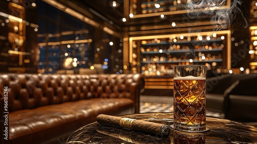 Luxurious cigar lounge with plush seating and dim ambient lighting smoke wafting high detail sharp focus high resolution ultra HD
